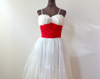 Vintage 1950s White and Red Tulle Party  Dress by Lorrie Deb | Emma Domb