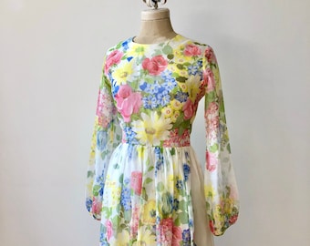 Vintage 1950s | 60s Floral Chiffon Dress