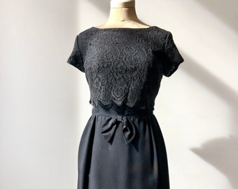 Vintage 1950s Black Rayon and Lace Overlay Dress | 50s Cocktail Dress