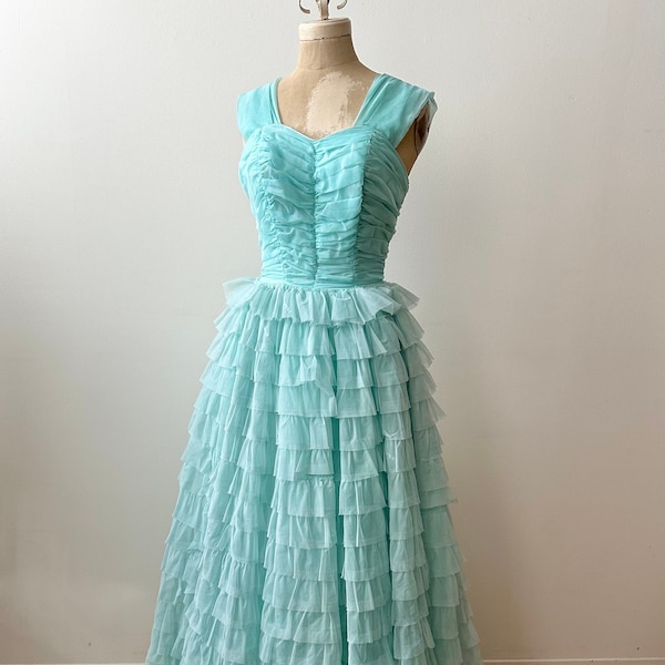 Vintage 1950s | 60s Blue Chiffon Tiered Gown | Cupcake Dress| Prom Dress | Robins Egg Blue Party Dress