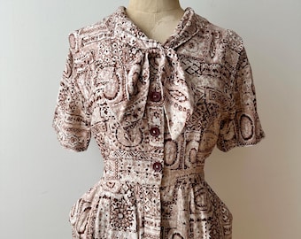 Vintage 1940s Cotton Shirtwaist Dress | Abstract Print Day Dress