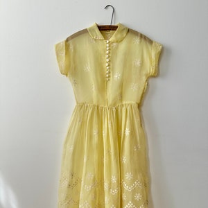 Vintage 1940s Yellow Flocked Chiffon Dress | Sheer Floral Summer Dress