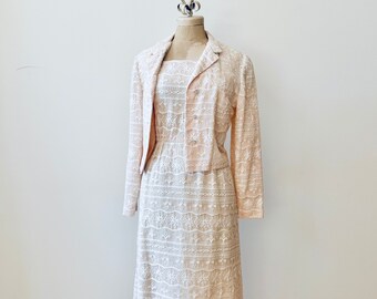 Vintage 1950s | 60s Linen Cotton Embroidered Dress and Jacket Set