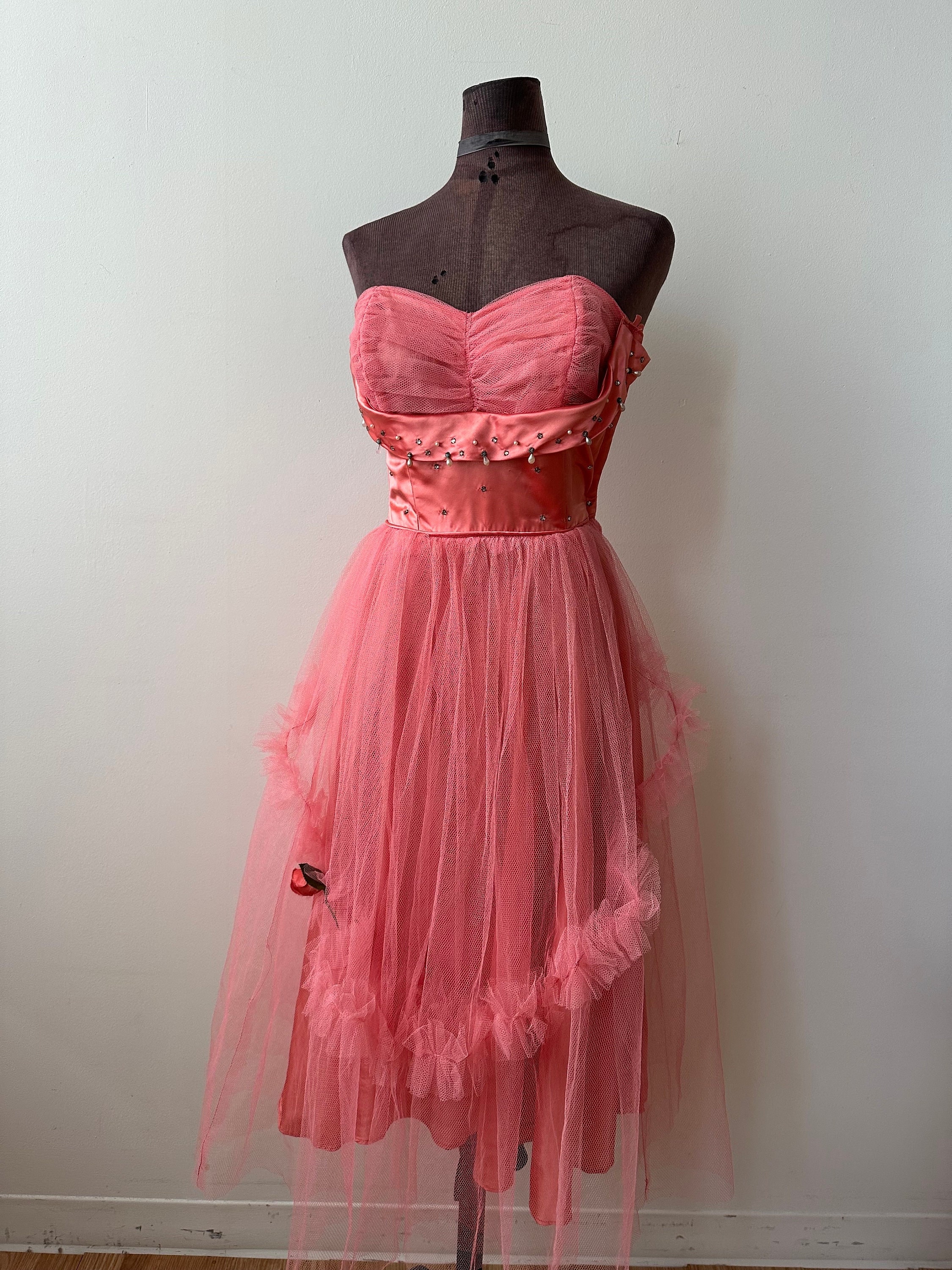 アンティーク雑貨 Vintage Tulle Dress deadstock. Silver Pink Tulle - 1920s Art Deco Dress, Beaded Dress