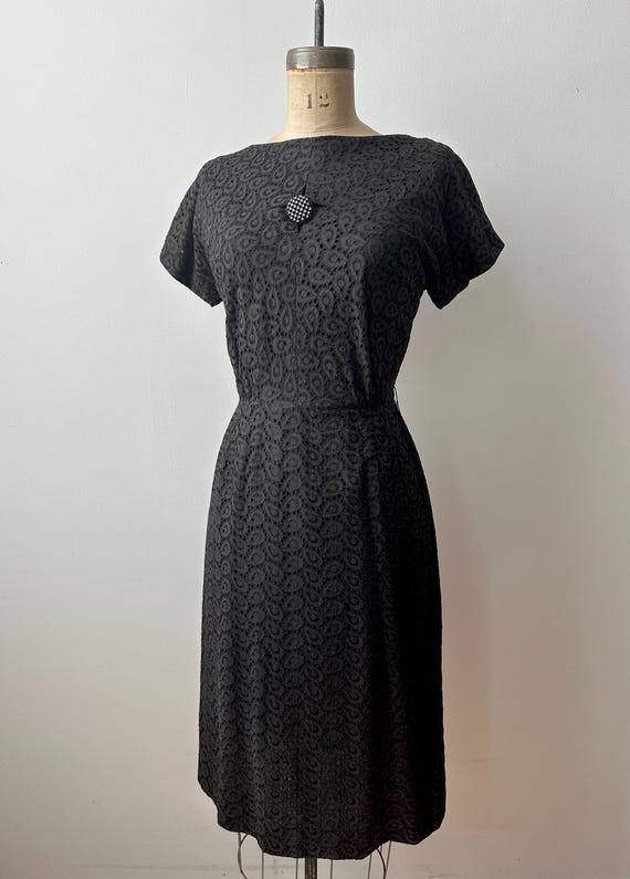 Vintage 1950s Paisley Eyelet Cotton Dress | Black Summer Sheath Dress by Manford