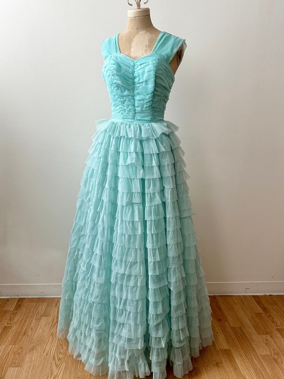 Vintage 1950s | 60s Blue Chiffon Tiered Gown | Cu… - image 1