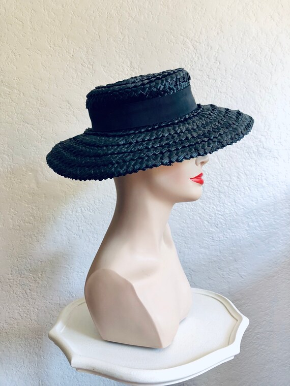 Vintage 1940s Black Woven Sun Hat - image 7