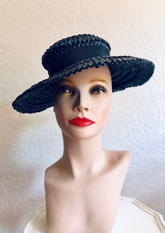 Vintage 1940s Black Woven Sun Hat - image 1