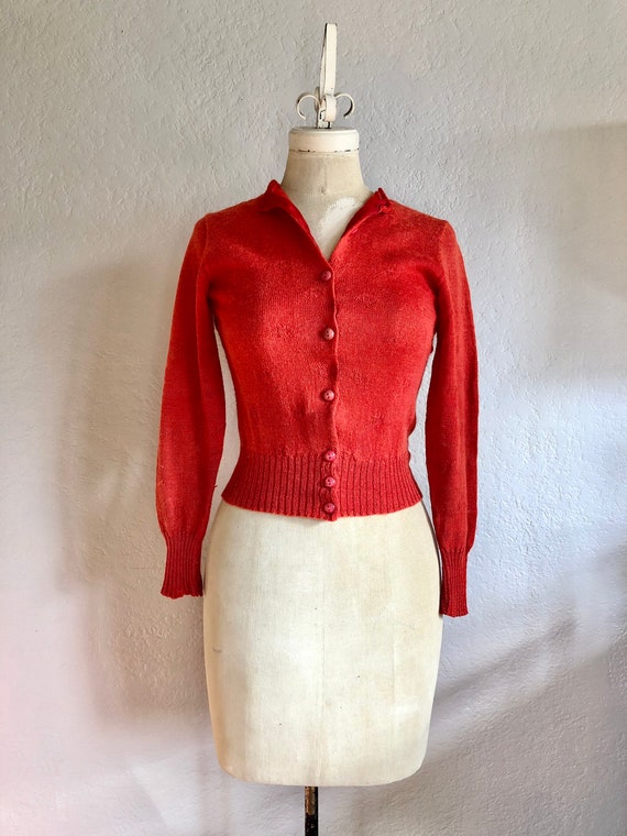 Vintage 1940s Red Hand Knit Cardigan