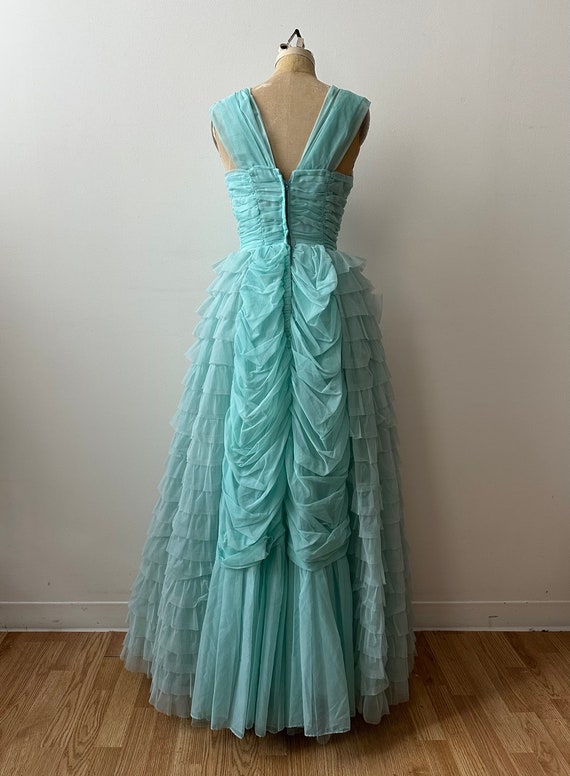 Vintage 1950s | 60s Blue Chiffon Tiered Gown | Cu… - image 3