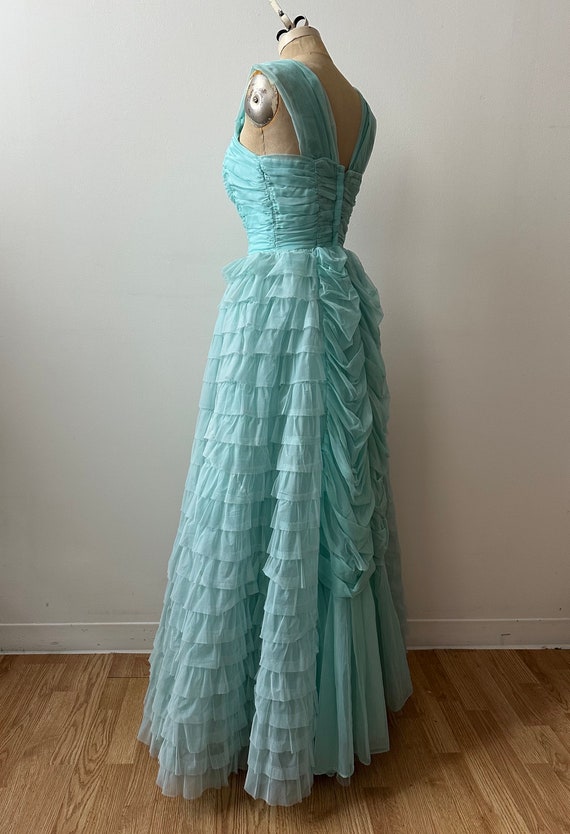 Vintage 1950s | 60s Blue Chiffon Tiered Gown | Cu… - image 6