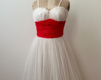 Vintage 1950s Designer White and Red Tulle Party Dress by Lorrie Deb | Emma Domb