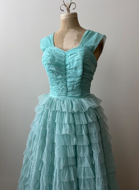 Vintage 1950s | 60s Blue Chiffon Tiered Gown | Cu… - image 7