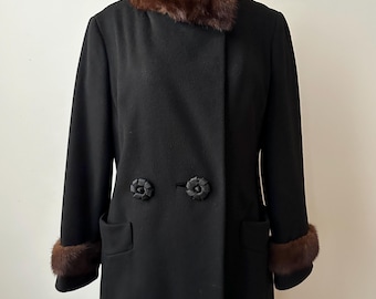 Vintage Pierre Cardin Paris 1960s Designer Black Wool Winter Coat with Fur Trim