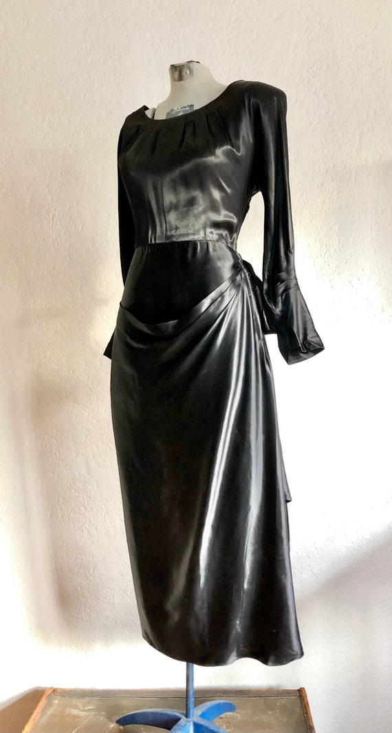 Vintage 1940s Black Satin Dress