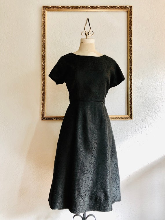 Vintage 1950’s Black Rose Jacquard Dress