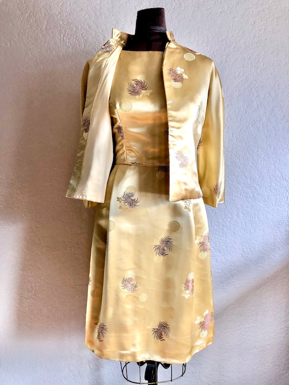 Vintage 1950s Gold Satin Dress Set