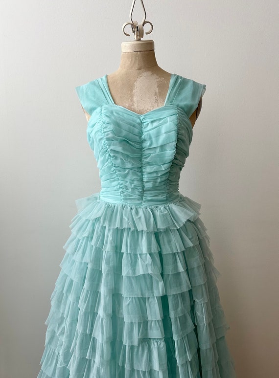 Vintage 1950s | 60s Blue Chiffon Tiered Gown | Cu… - image 2