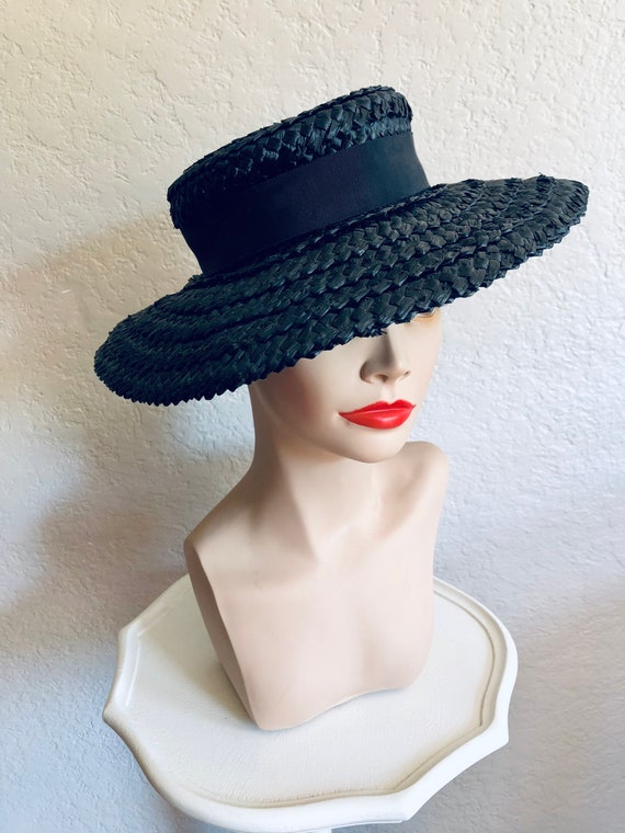 Vintage 1940s Black Woven Sun Hat - image 3