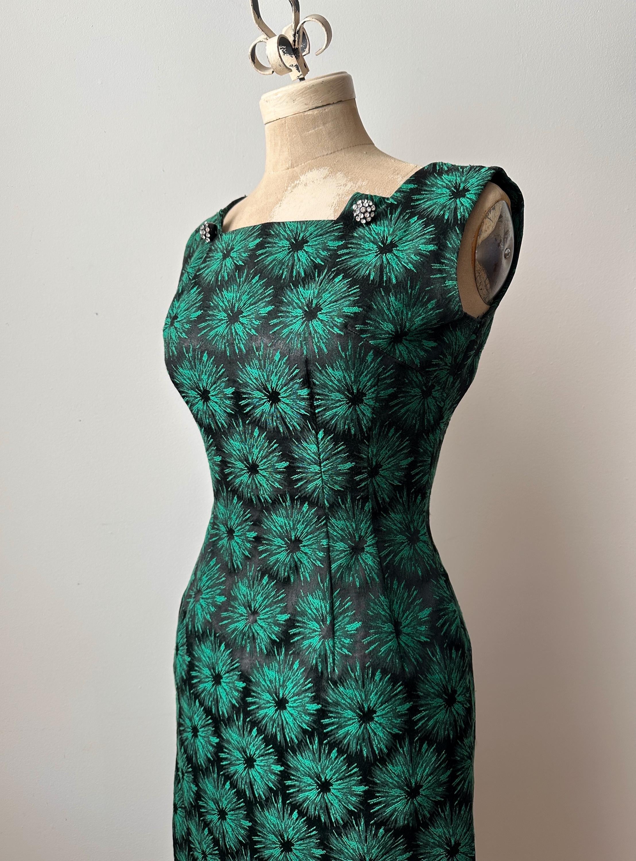 slim fit dress slacks Ingenue Wiggle Dress in Vintage Green Rose Print
