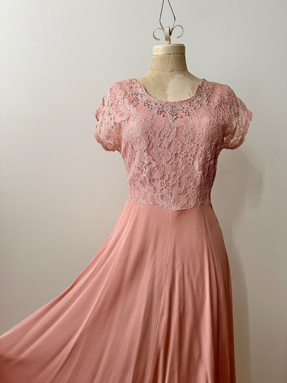 Vintage 1940s | 1950s Pink Rayon and Lace Dress - image 3
