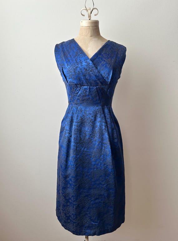 Vintage 1950s | 60s Blue Floral Brocade Cocktail Dress