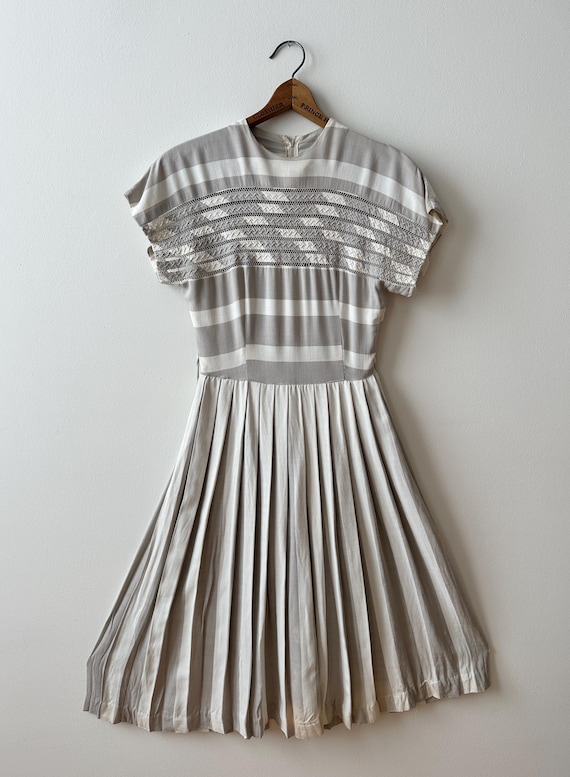 Vintage 1940s Gray and White Striped Dress | Grey Stripe Day Dress
