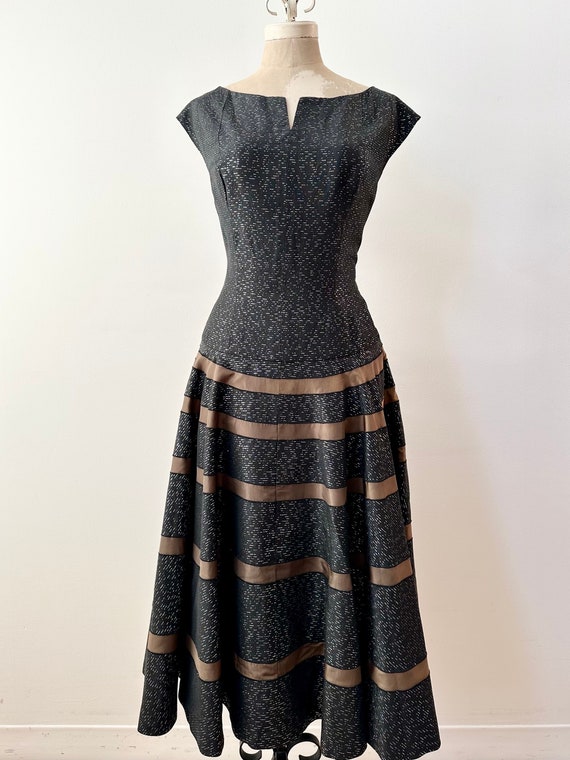 Vintage 1950s Lurex Drop Waist Dress Metallic Silver and Black Dress  Arthur Banks Dress