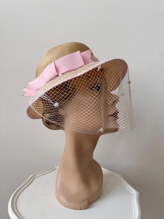 Vintage 1950s or 60s Velvet Cocktail Hat Birdcage Veil Satin Bow Fascinator Vintage 1950-60s Red Velvet Pillbox Hat w/ Birdcage Veil  main image 2