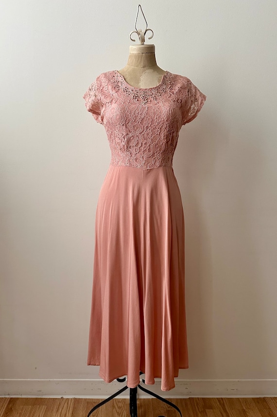 Vintage 1940s | 1950s Pink Rayon and Lace Dress - image 1