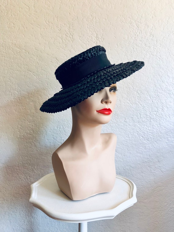 Vintage 1940s Black Woven Sun Hat - image 5