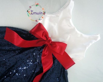 4th of JULY girls dress Navy blue sequin dress Flower girl dress White and Navy blue