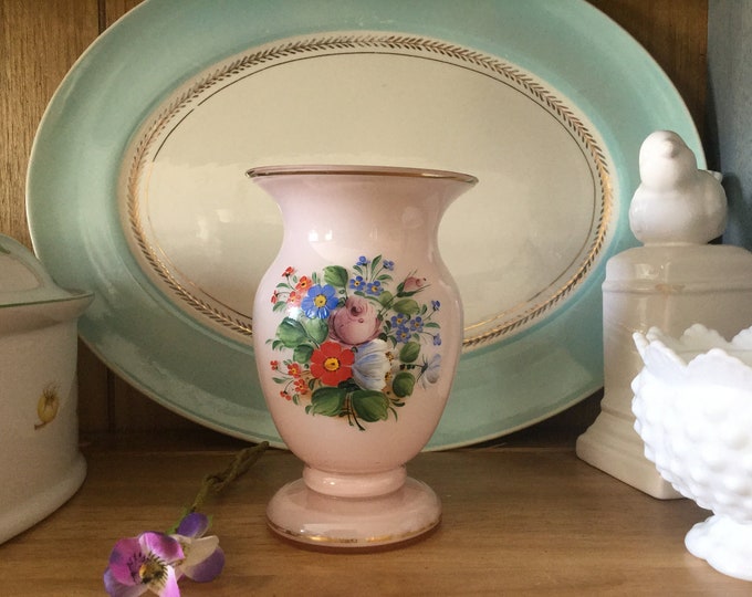 Vintage Handpainted Pink Milk Glass Vase German Gold Trim Etsy
