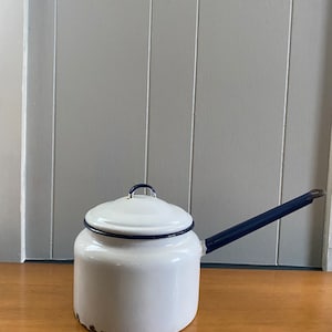 Vintage white enamel saucepan with lid, vintage enamelware, vintage planter