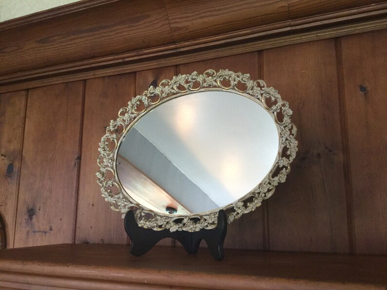Large Mirrored Vanity Tray Ornate Vintage Perfume Retail Display Gold And White Metal