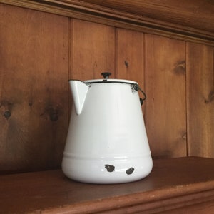 Large vintage enamel coffee pot, wooden bead and wire handle,farmhouse kitchen decor