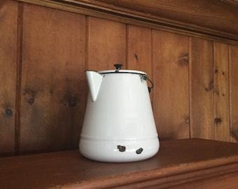Large vintage enamel coffee pot, wooden bead and wire handle,farmhouse kitchen decor