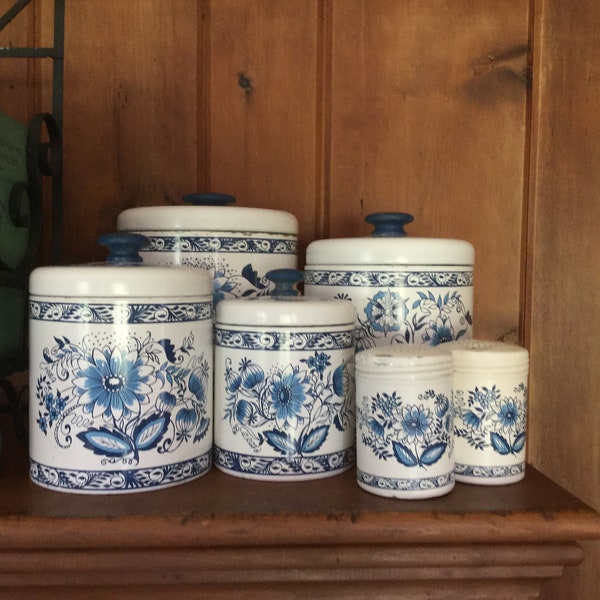 Blue onion canisters, Ransburg canisters with salt and pepper shakers, vintage kitchen storage, mid century canisters