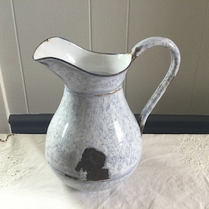 Gorgeous old French enamel pitcher, chamber pitcher, water pitcher, enamelware, large French enamel pitcher