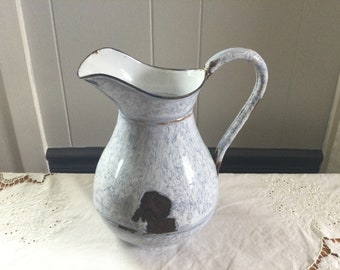 Gorgeous old French enamel pitcher, chamber pitcher, water pitcher, enamelware, large French enamel pitcher