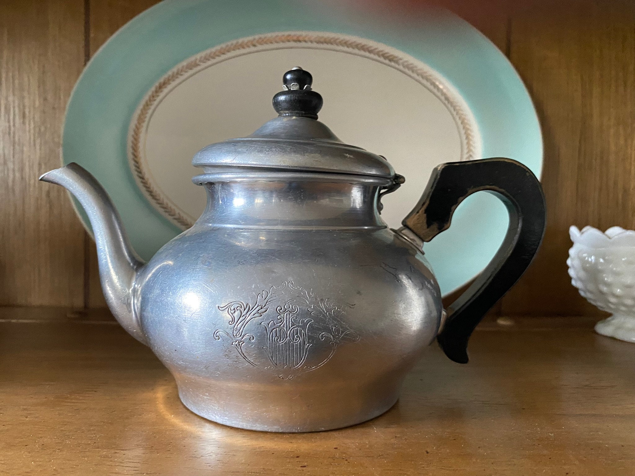 Vintage Mirro aluminum teapot, mid century aluminum teapot with strainer, wooden handle