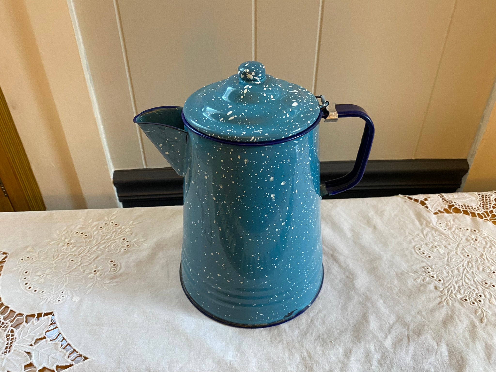 Vintage French Enamelware Coffee Pot - Blue and White – House of