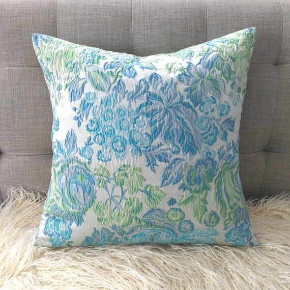 Blue Green Decorative Throw Pillow Cover Floral Blue Cushion Etsy