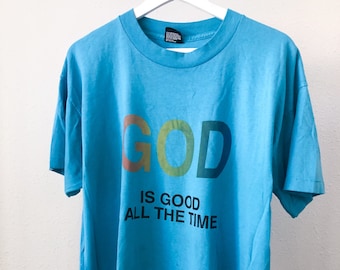 1990s God Is Good Blue en Rainbow T-shirt | Maat XL
