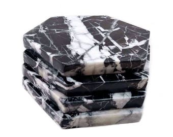 Black Marble Hexagon Coaster Set, Modern Drink Coasters, Gift Ready
