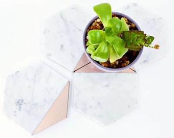 Marble Hexagon Coasters with Rose Gold, Stone Set for Home Desk Decor