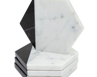 Black and White Marble Coasters, Hexagon Stone Drinkware, Modern Home Decor Set 4, 6, 8