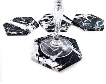 Hexagon Black Marble Coasters – Set of 4, 6 Elegant Drink Coasters with Cork Backing for Modern Decor
