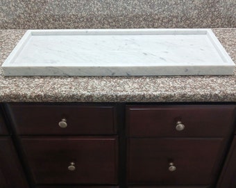 Extra Large White Carrara Marble Rectangle Serving Tray, Dining Table Centerpiece, Bathroom Organizer Countertop Long, 32 x 13 Inches