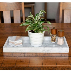 Large Rectangle White Marble Serving Tray Organizer, Dining Table Centerpiece Countertop Decorative Tray, Bath Vanity Tray, 8 x 18 Inches